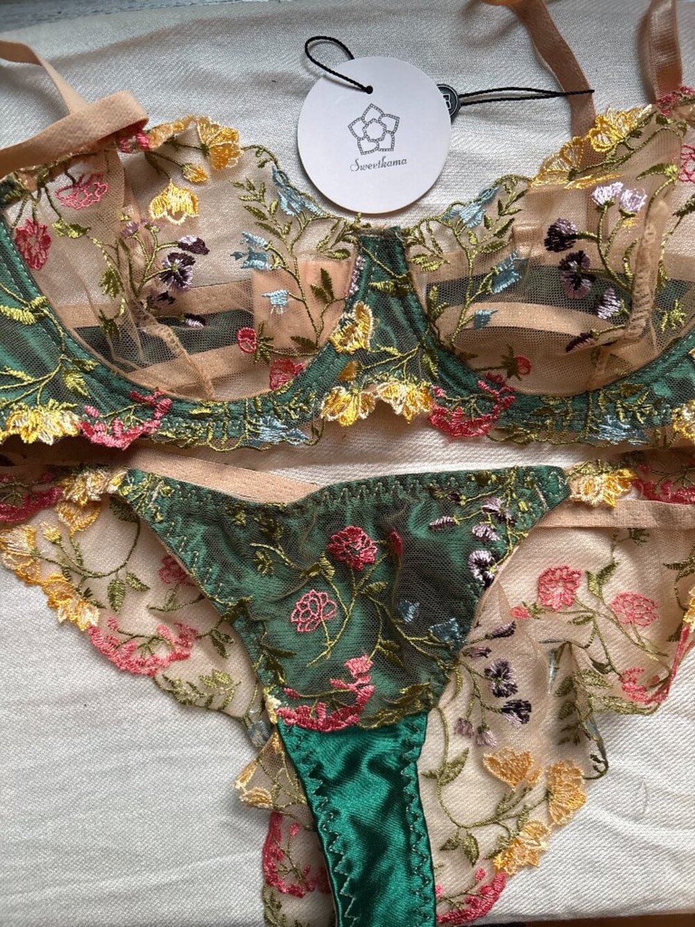 NWT Sweetkama Embroidered Floral Lace Lingerie Set (M) | Sheer Bra & Panty Set